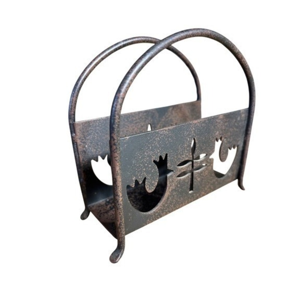 Vintage‎ Napkin Holder w/Chicken Cutouts Metal Rustic Farmhouse Brown 6"